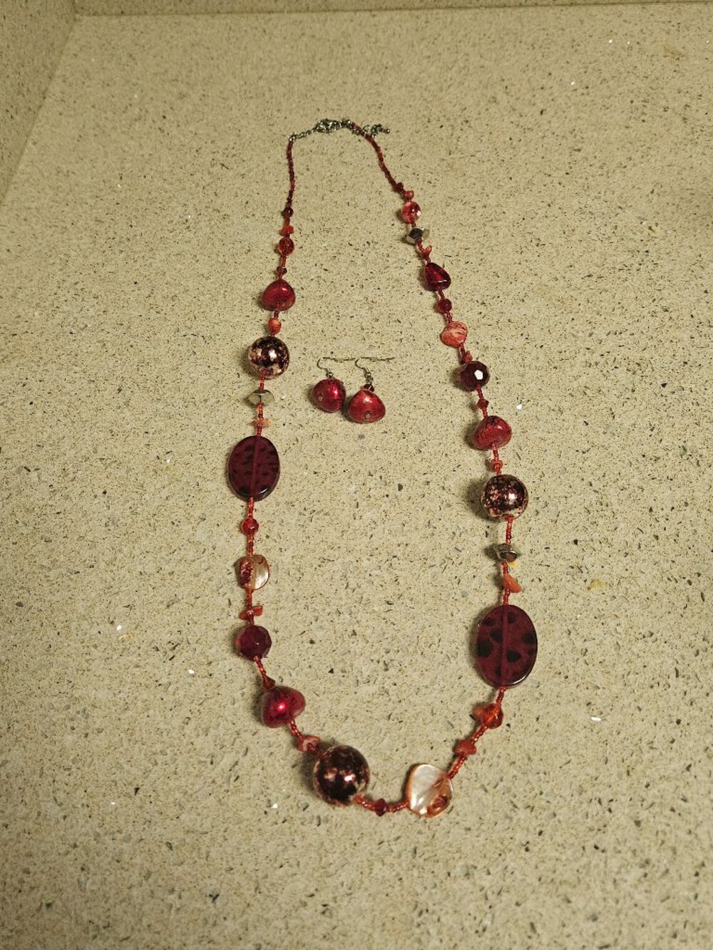 Versona Red Beaded Necklace and Earrings Set - 40"
